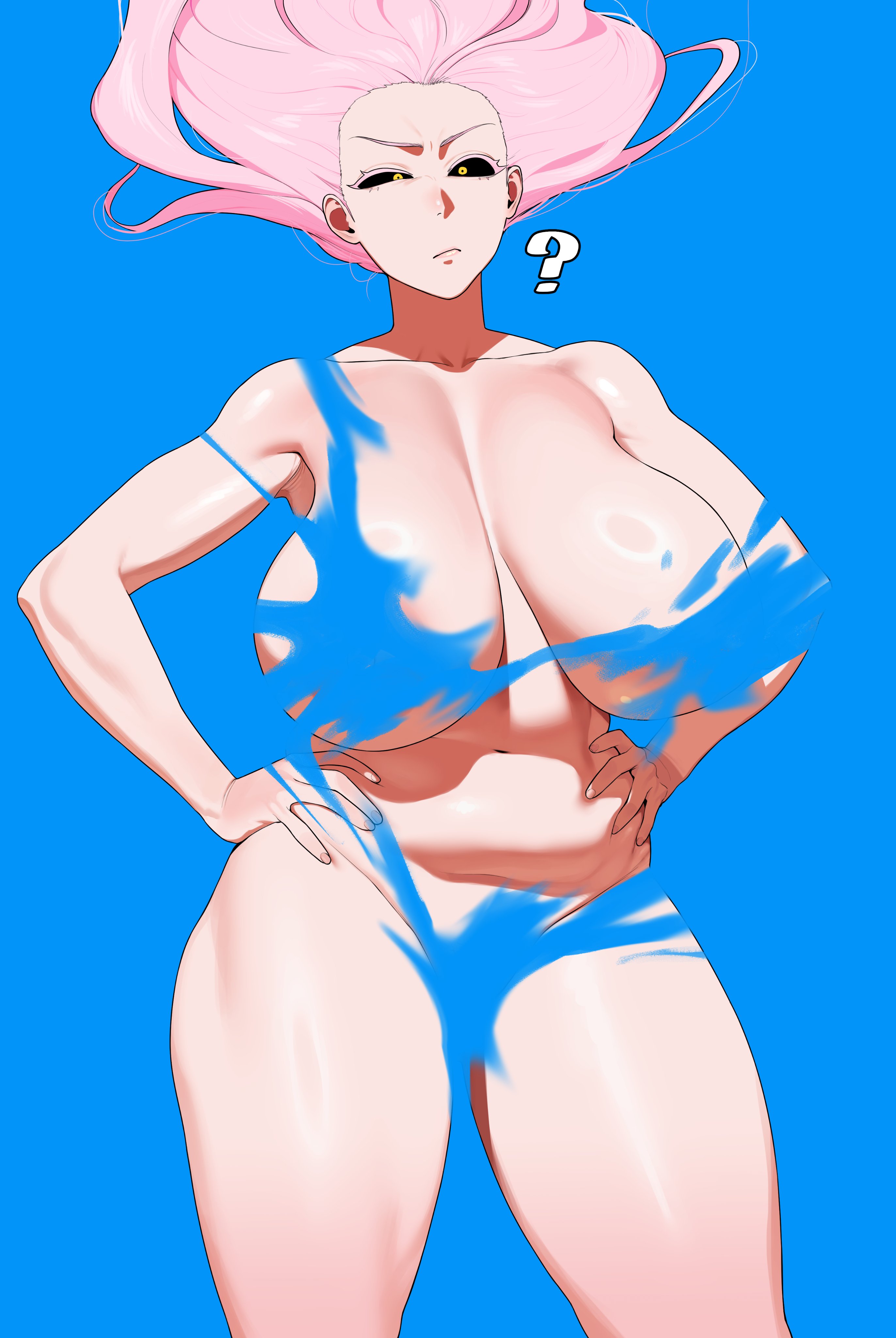 1girl, absurdres, alternate breast size (larger), black sclera, breasts, colored sclera, commentary request, completely nude, confused, floating hair, highres, huge breasts, jujutsu kaisen, korean commentary, long hair, nakge06, nipples, nude, pink hair, pubic hair, shiny skin, standing, thick thighs, thighs, uro takako