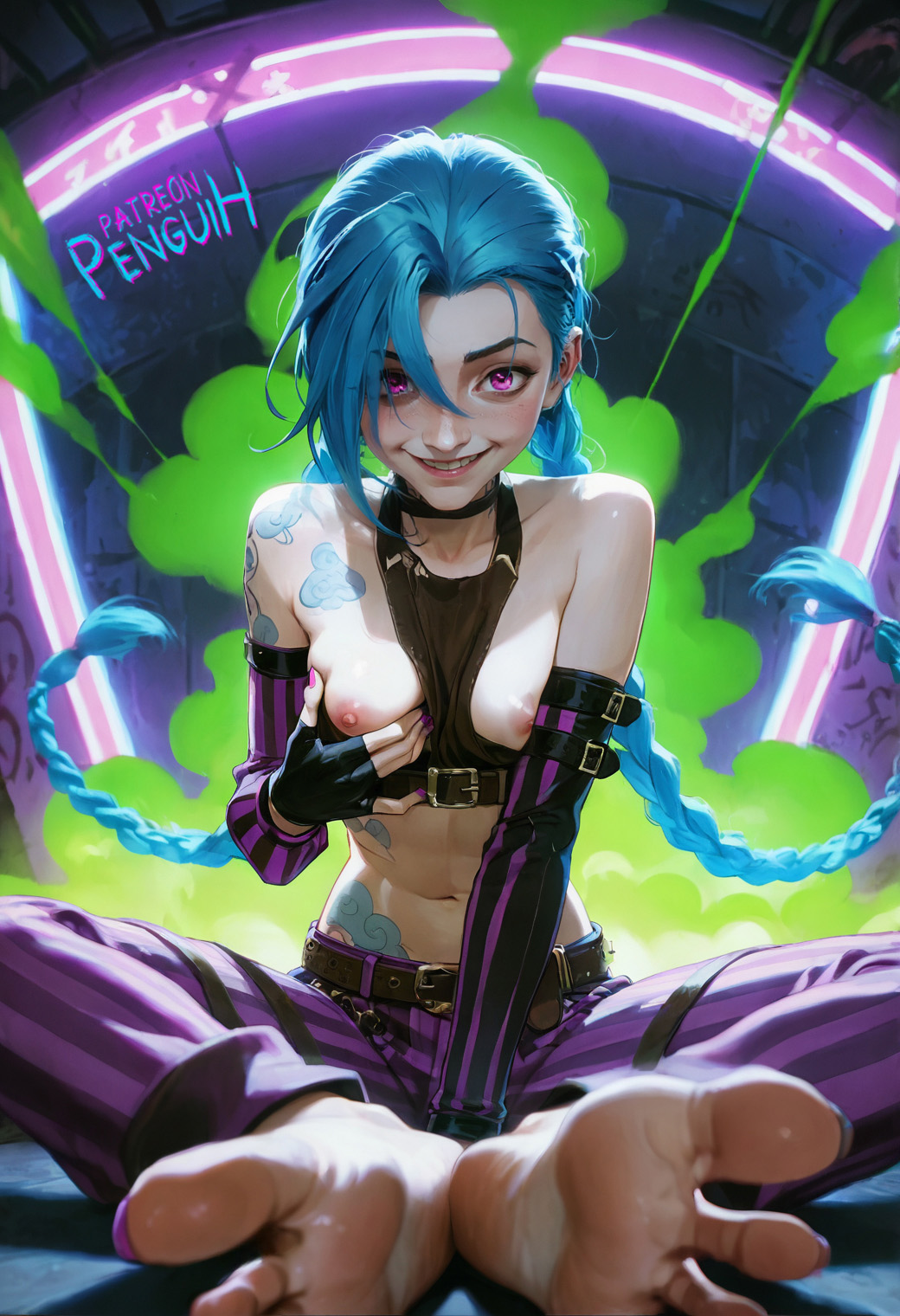 1girls ai_generated arcane arcane_jinx blue_hair braid braided_hair breast_grab breasts_out feet female female_focus female_only fingerless_gloves fisheye foot_fetish foot_focus grabbing_own_breast graffiti jinx_(league_of_legends) league_of_legends nail_polish neon_lights nipples patreon_username penguih pink_eyes slim_waist smoke tattoo tattoos thighs toes toes_spread twintails