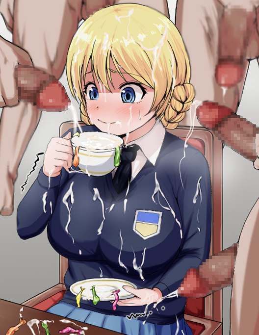 5boys, blonde hair, blue eyes, blush, breasts, bukkake, censored, cum, cum in container, cum in mouth, cum on clothes, cum on face, cum on hair, darjeeling, female, girls und panzer, holding cup, large breasts, male, penis, sitting, st. gloriana's school uniform, straight, surrounded by penises, swallowing, swallowing cum, used condom, yahow