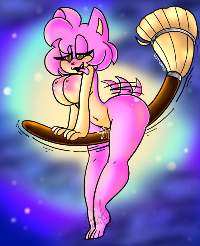 amy_rose broom looking_pleasured mango_doodling moon night_sky nude_female penis sega sonic_(series) wagging_tail witch_broom