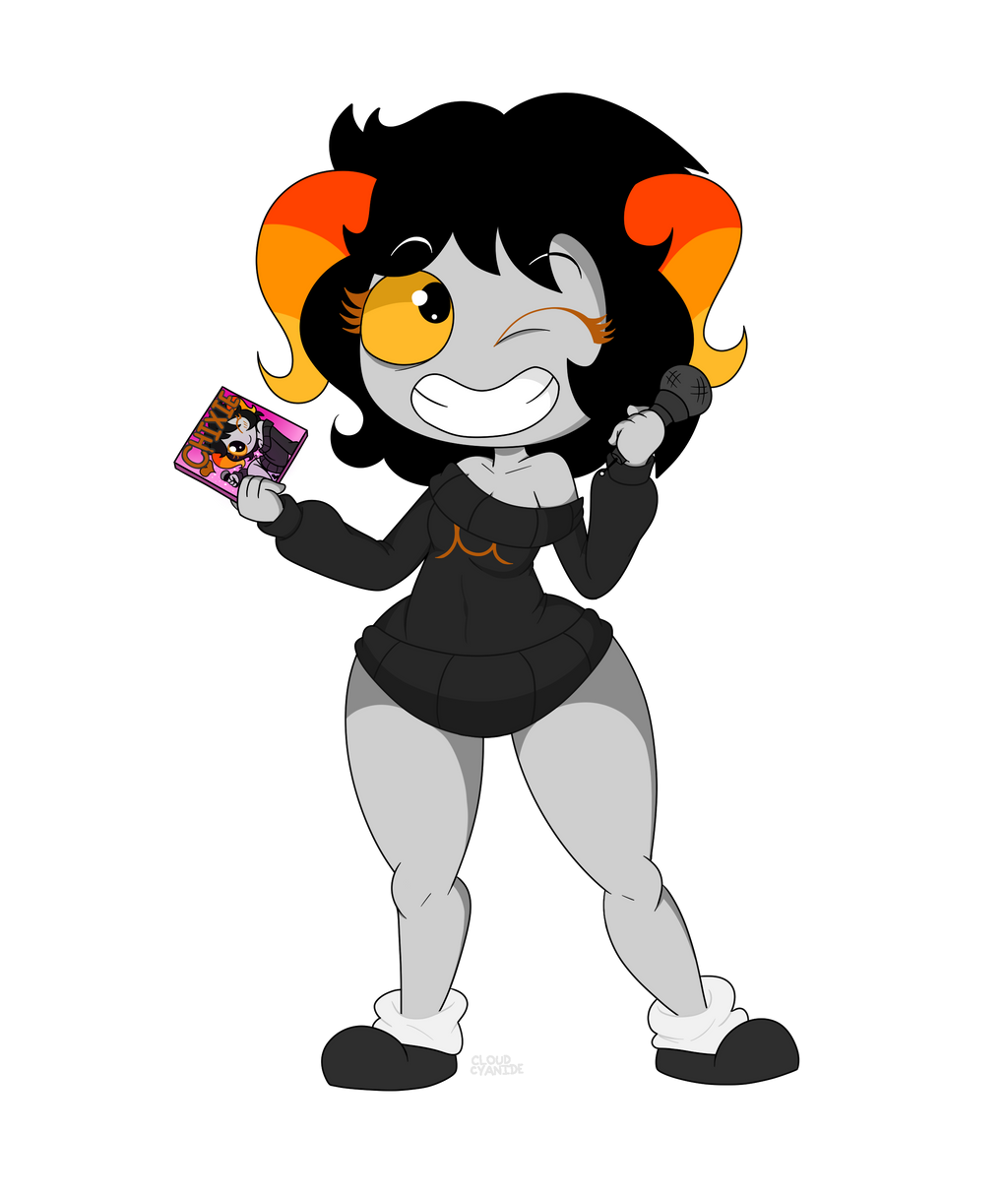 black_hair chixie_roixmr cloudcyanide eyebrows eyelashes femele full_body grey_skin hiveswap horns microphone ms_paint_adventures partially_clothed partially_clothed_female short_hair slippers smile solo sweater troll