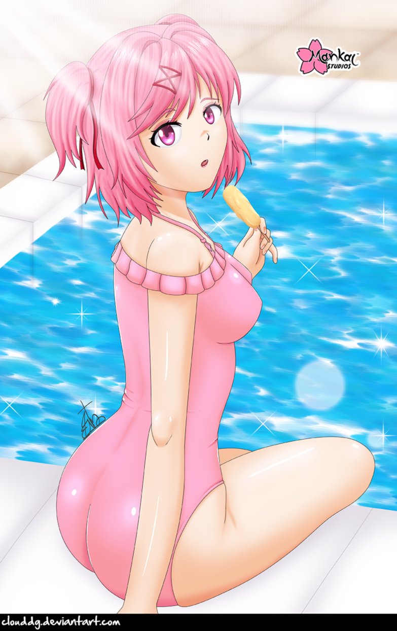 clouddg doki_doki_literature_club natsuki_(doki_doki_literature_club) one_piece_swimsuit pool poolside popsicle