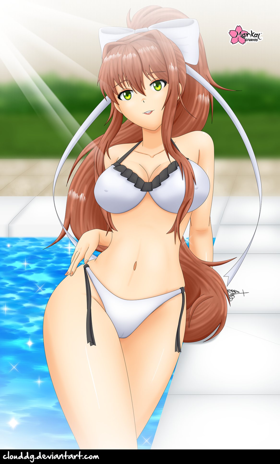 bikini cleavage clouddg color doki_doki_literature_club monika_(doki_doki_literature_club) nipple_bulge pool poolside swimsuit swimwear