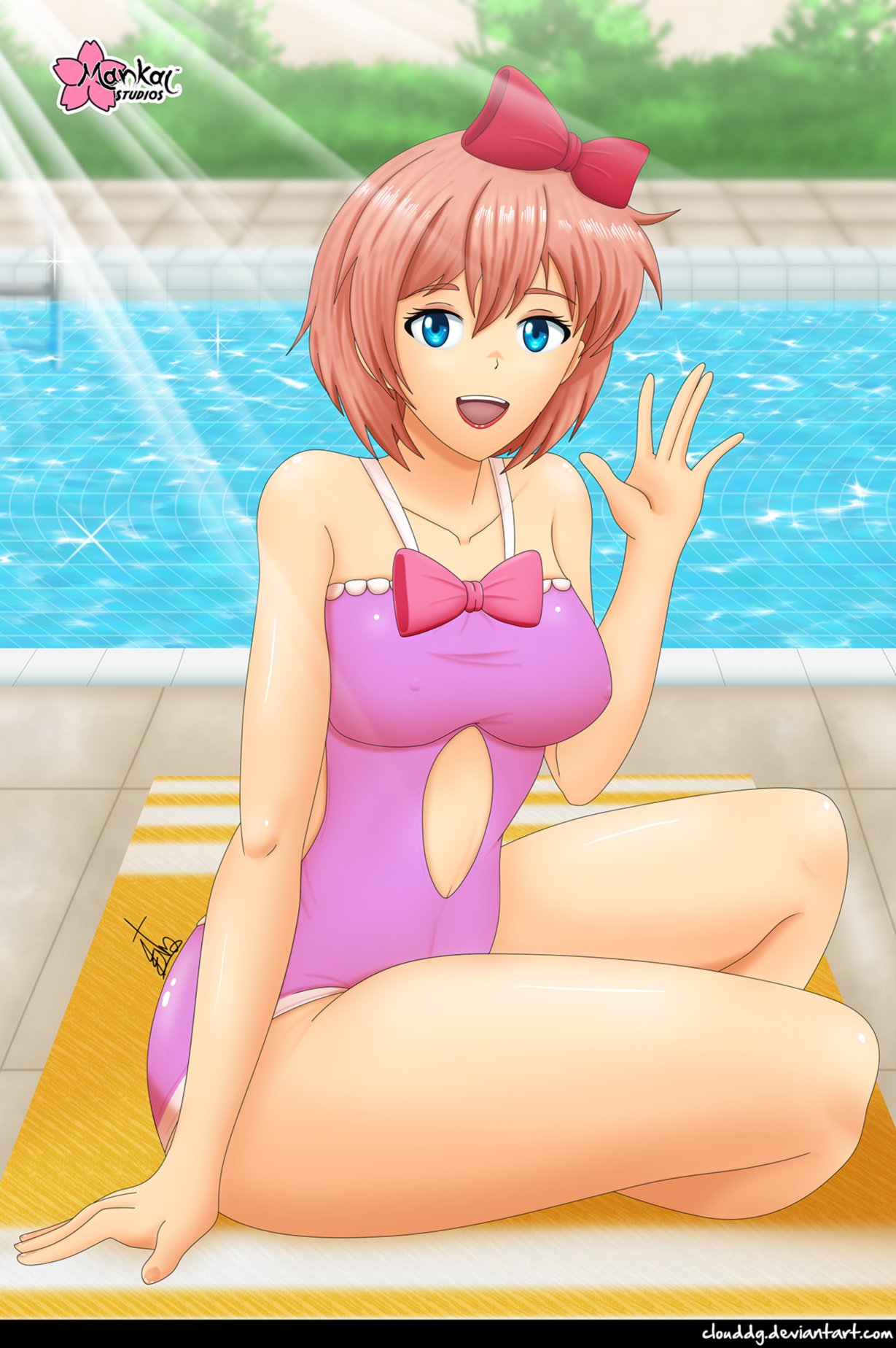 bikini clouddg doki_doki_literature_club one_piece_swimsuit pool poolside sayori_(doki_doki_literature_club) swimsuit swimwear