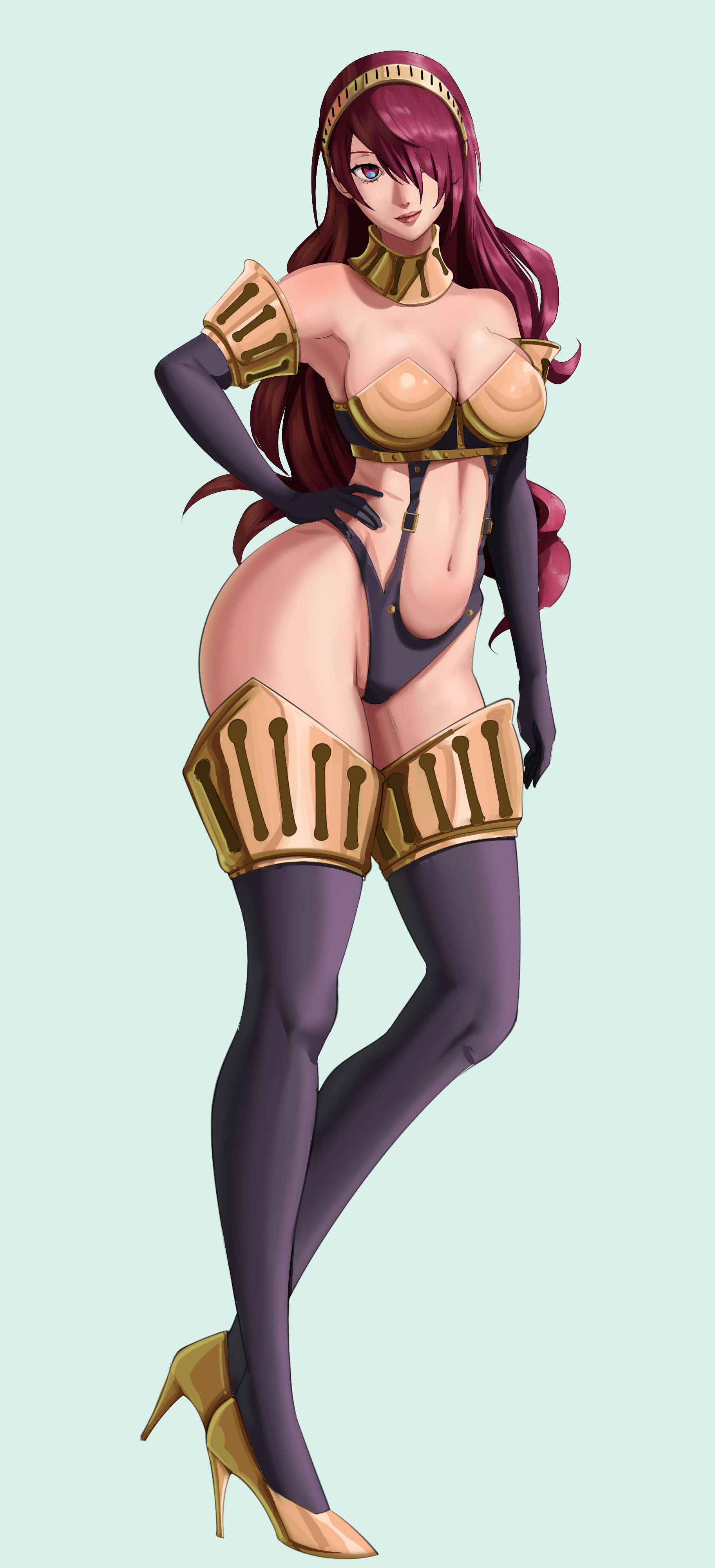 atlus, battle panties, breasts, heels, high heel boots, high heels, high-cut armor (persona), megami tensei, mitsuru kirijo, mitsuru kirijo (sexy armor), official alternate costume, persona, persona 3, red eyes, red hair, sega, simple background, strictlyserge, thigh boots
