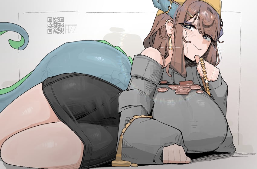 1girls, 2d, 2d (artwork), azz0422, bare legs, bare shoulders, black eyes, black skirt, blunt bangs, brown hair, cross shaped pupils, dragon girl, dragon horns, dragon tail, earrings, eyelashes, hair ornament, holding necklace, jewelry, laying on side, looking at viewer, oc, original character, pencil skirt, skirt, smile, solo, sweater, thick thighs, yellow pupils