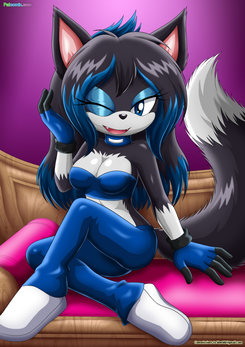 2016 bbmbbf black_fur blue_eyes canid canine canis cleavage clothing collar delilah_the_wolf eyeshadow fan_character fangs female gloves hand_on_hair light_blue_eyeshadow looking_at_viewer mobius_unleashed multicolored_hair one_eye_closed open_smile original_character palcomix posing sitting sonic_(series) sonic_oc sonic_the_hedgehog_(series) tail wolf