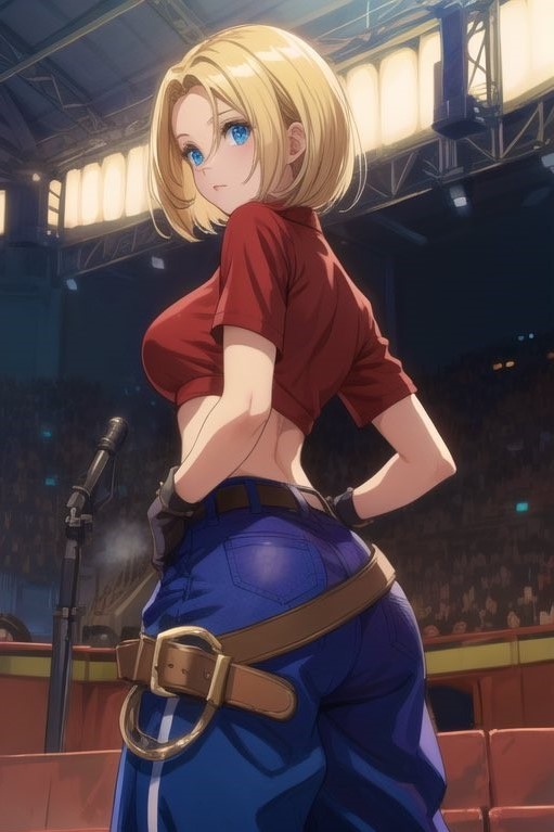 belt big_ass big_butt blonde_hair blue_eyes blue_mary female from_behind gloves jeans king_of_fighters looking_back pants red_shirt shirt short_hair