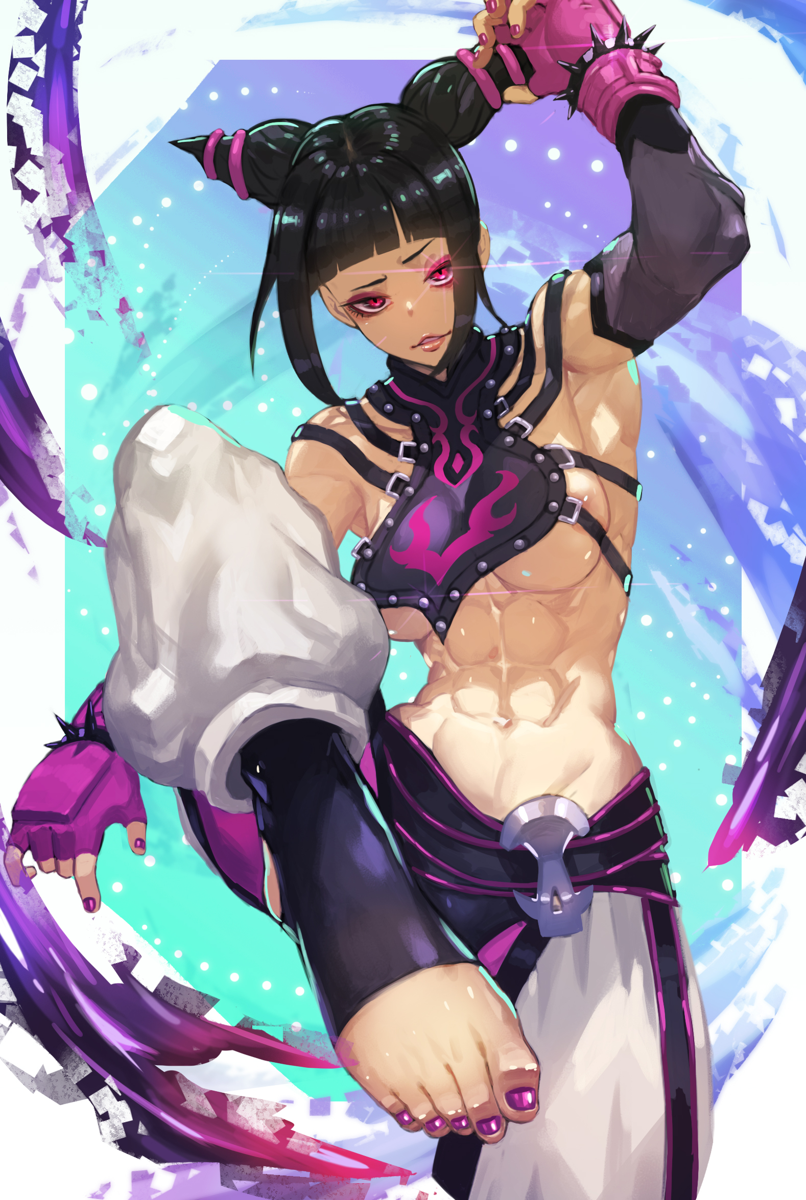 abs, armpits, bangs, black hair, bracelet, breasts, capcom, clothed, detached sleeves, drill hair, feet, female, female only, fingerless gloves, foot focus, gloves, glowing eye, highres, human, juri han, katsuan (mikecat38), large breasts, looking at viewer, muscles, muscular, muscular female, nail polish, navel, painted toenails, pink eyes, pov feet, purple nails, sideboob, sidelocks, skimpy, solo, spiked bracelet, spikes, stirrup legwear, street fighter, street fighter iv, toeless legwear, toenail polish, toes, toned, twin drills, underboob