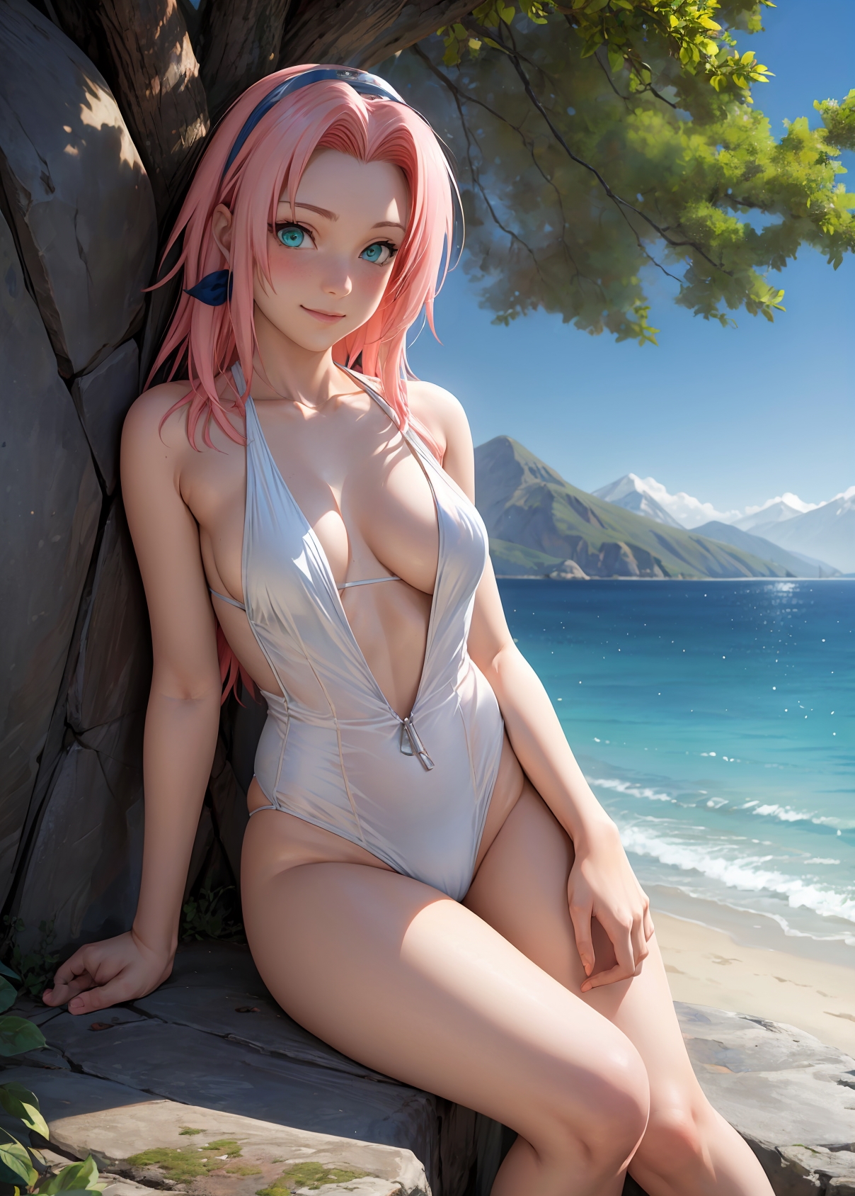 1girls, 2d, ai generated, ass, athletic, athletic female, bare shoulders, belly, big ass, bikini, bikini bottom, bikini top, boruto: naruto next generations, breasts, chest, curvy, curvy figure, cute, cute face, detailed, eyelashes, eyeshadow, female, female only, fit, fit female, focus, green eyes, hair band, hair ornament, high quality, legs, light skin, light-skinned female, lips, lipstick, long hair, looking at viewer, makeup, mascara, mature, medium breasts, midriff, naked, naruto, naruto (classic), naruto (series), naruto shippuden, navel, pale skin, pale-skinned female, petite, petite body, pink hair, posing, sakura haruno, sakura haruno (genin), seductive, seductive look, sling bikini, smile, stable diffusion, tagme, teenage female, teenager, thighs, young, younger female