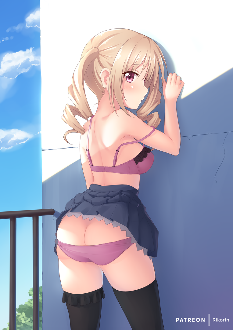 1girls artist_name ass bangs black_legwear black_thighhighs blonde_hair blue_skirt blush bra breasts butt_crack closed_mouth clothing day eyebrows_visible_through_hair female hips long_hair looking_at_viewer looking_back matching_underwear no_shirt outdoors panties panty_pull pleated_skirt purple_bra purple_eyes purple_panties railing rikorin ringlets shade sidelocks skirt skirt_lift solo strap_slip tenshi_no_3p! thighhighs thighs toriumi_sakura twintails underwear