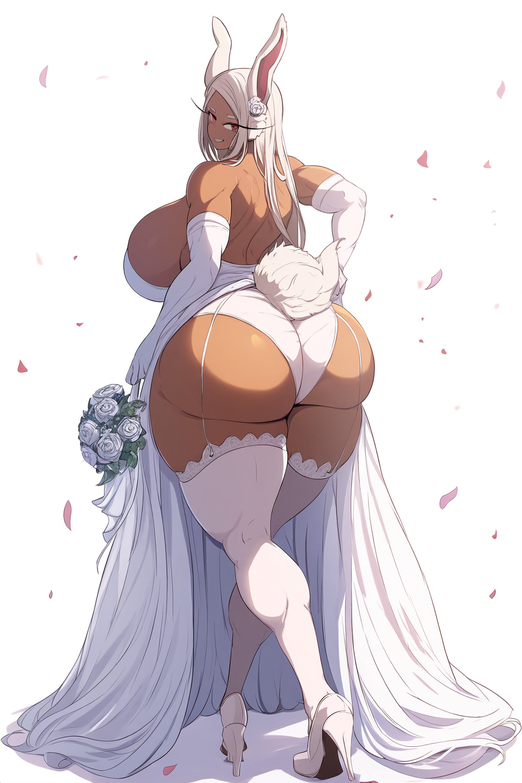 ai_generated big_ass big_breasts big_butt boku_no_hero_academia bubble_butt exposed_ass fat_ass goldencum34 looking_back mirko miruko my_hero_academia sideboob wedding_dress wedding_gloves wide_hips