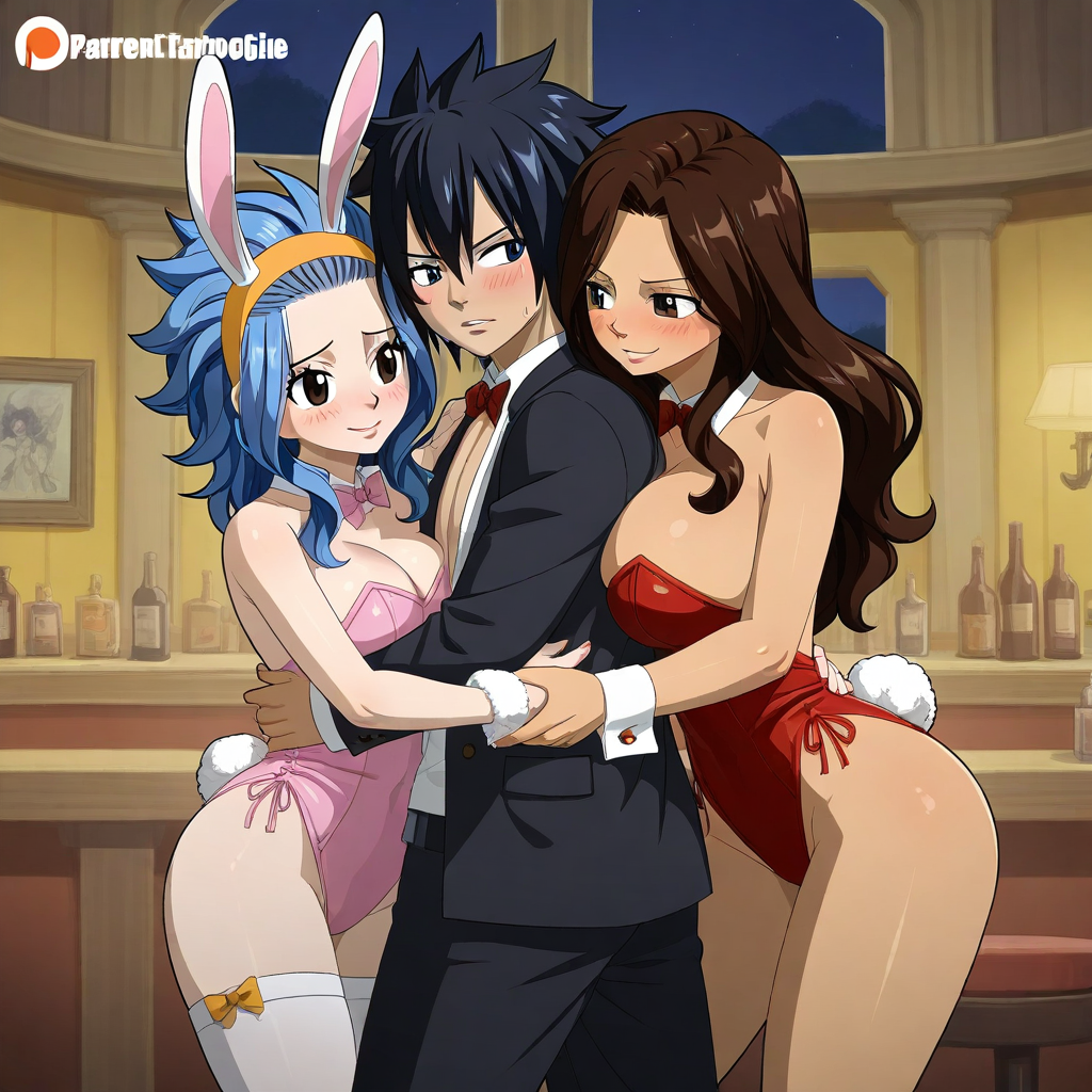 1boy 2girls ai_generated black_hair blue_hair brown_hair bunny_costume bunny_girl bunnysuit cana_alberona fairy_tail gray_fullbuster levy_mcgarden threesome throuple