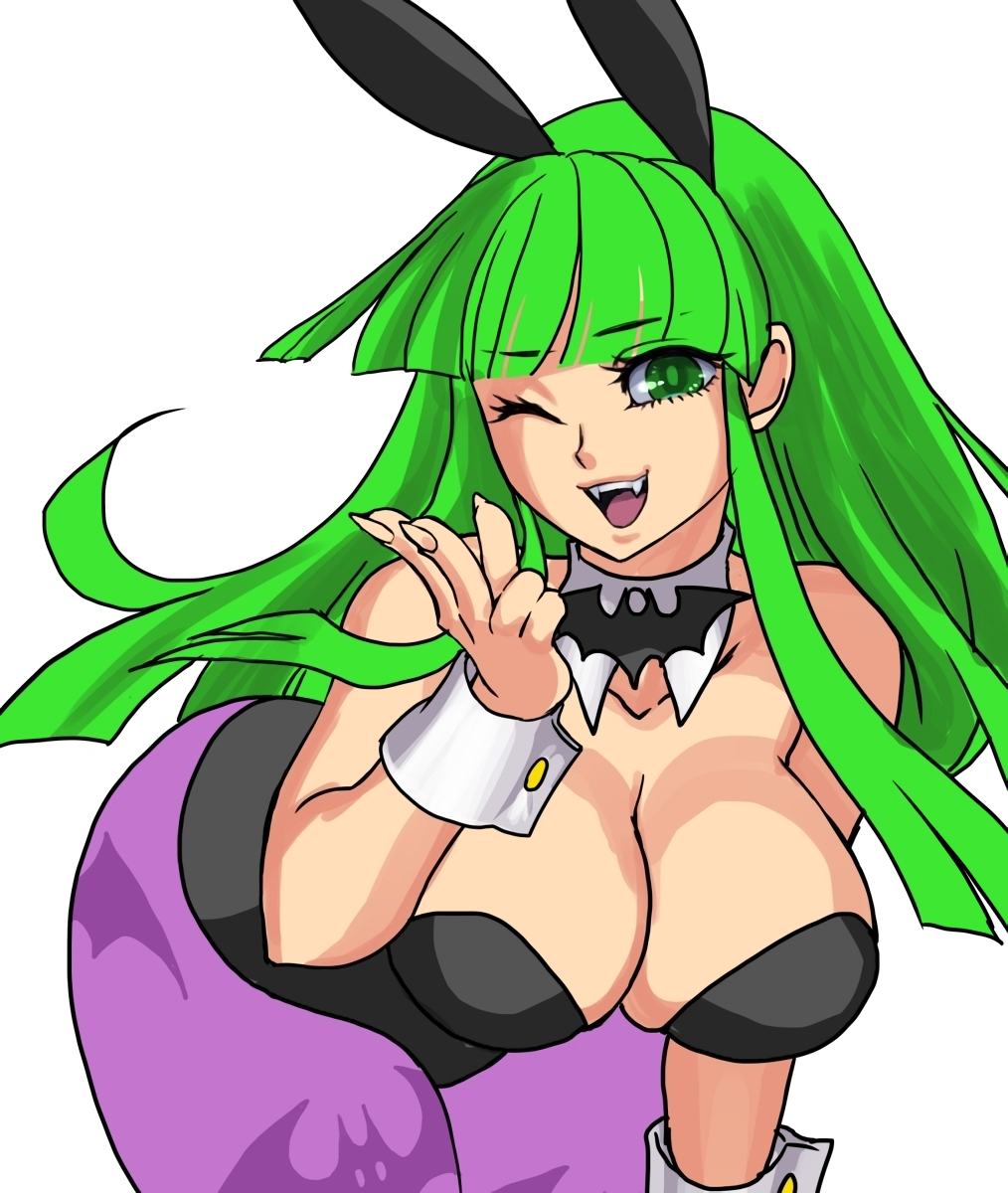 1girls big_breasts blowing_kiss breasts bunny_ears bunny_girl bunnysuit busty capcom cleavage currysyu darkstalkers fangs green_eyes green_hair hand_on_leg hand_on_own_leg hand_on_own_thigh hand_on_thigh hi_res large_breasts leaning_forward leotard long_hair morrigan_aensland one_eye_closed smile solo succubus thick_thighs thighs tongue wink