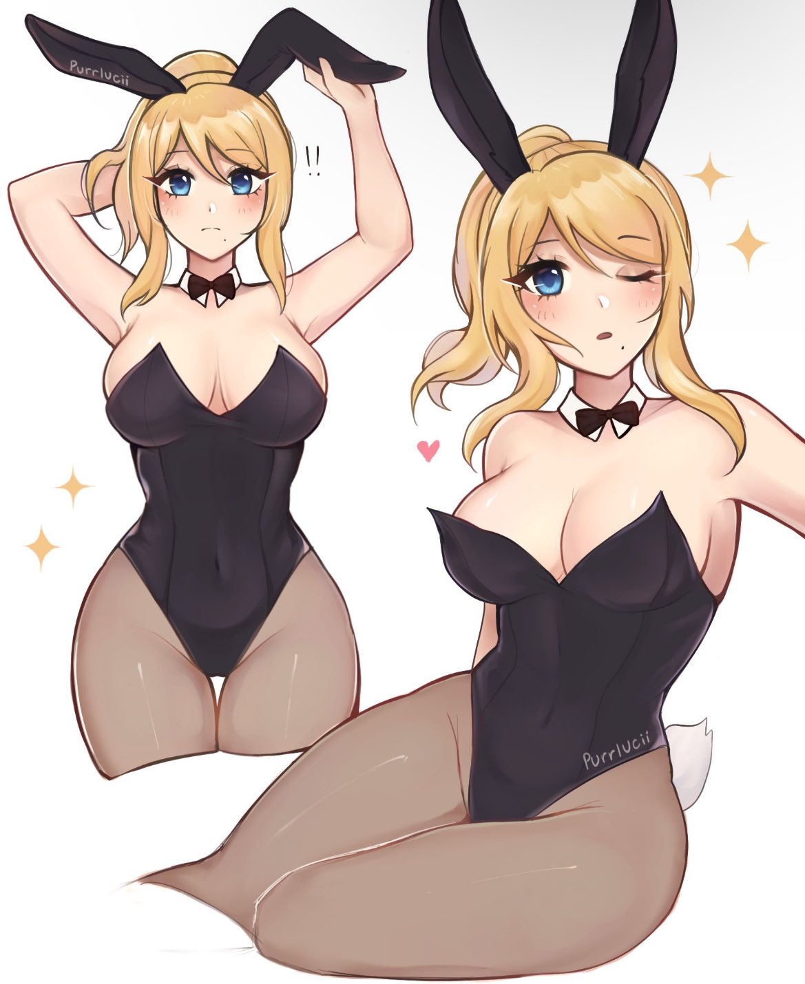 1girls blonde_hair blue_eyes blush bunny_ears bunnysuit female metroid nintendo pointy_chin purrlucii samus_aran solo solo_female tagme