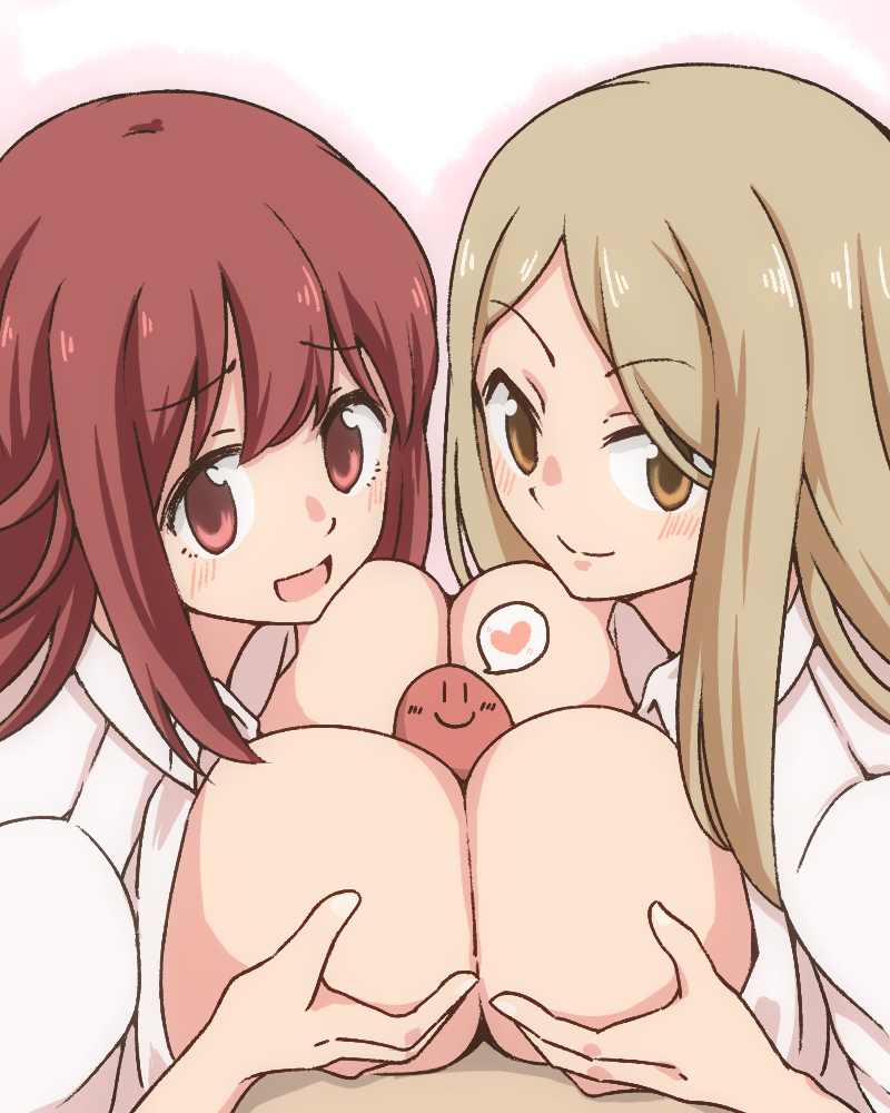 1boy 2girls blonde_hair blush breasts double_paizuri eyebrows_visible_through_hair heart islandz looking_at_viewer multiple_girls multiple_paizuri noda_kotone open_mouth orange_eyes paizuri penis red_eyes red_hair sakura_trick smiley straight straight_hair takayama_haruka