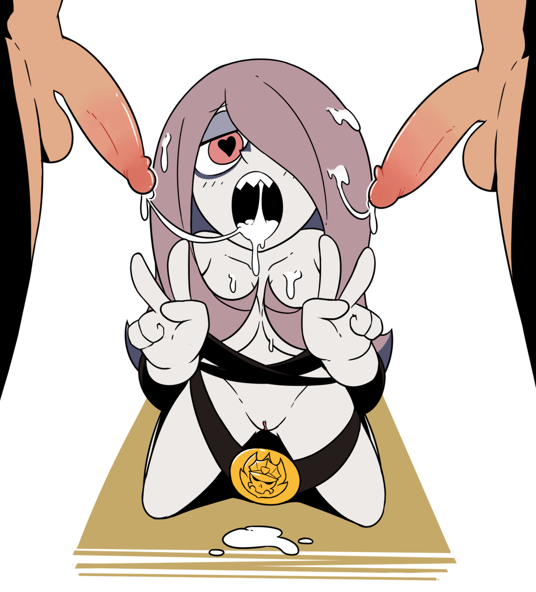 1girls, 2boys, balls, breasts, cum, cum in mouth, cum on breasts, cum on floor, cum on hair, female, heart-shaped pupils, kneeling, little witch academia, male, miscon, naked, penis, pink eyes, purple hair, pussy, sharp teeth, straight, straight hair, sucy manbavaran, testicles, v