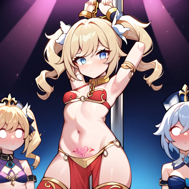 ai_generated armpits barbara_(genshin_impact) benmccannon_(artist) blank_stare blonde_hair blue_eyes demon_tattoo female genshin_impact loincloth pole_dancing pubic_tattoo shackles tattoo