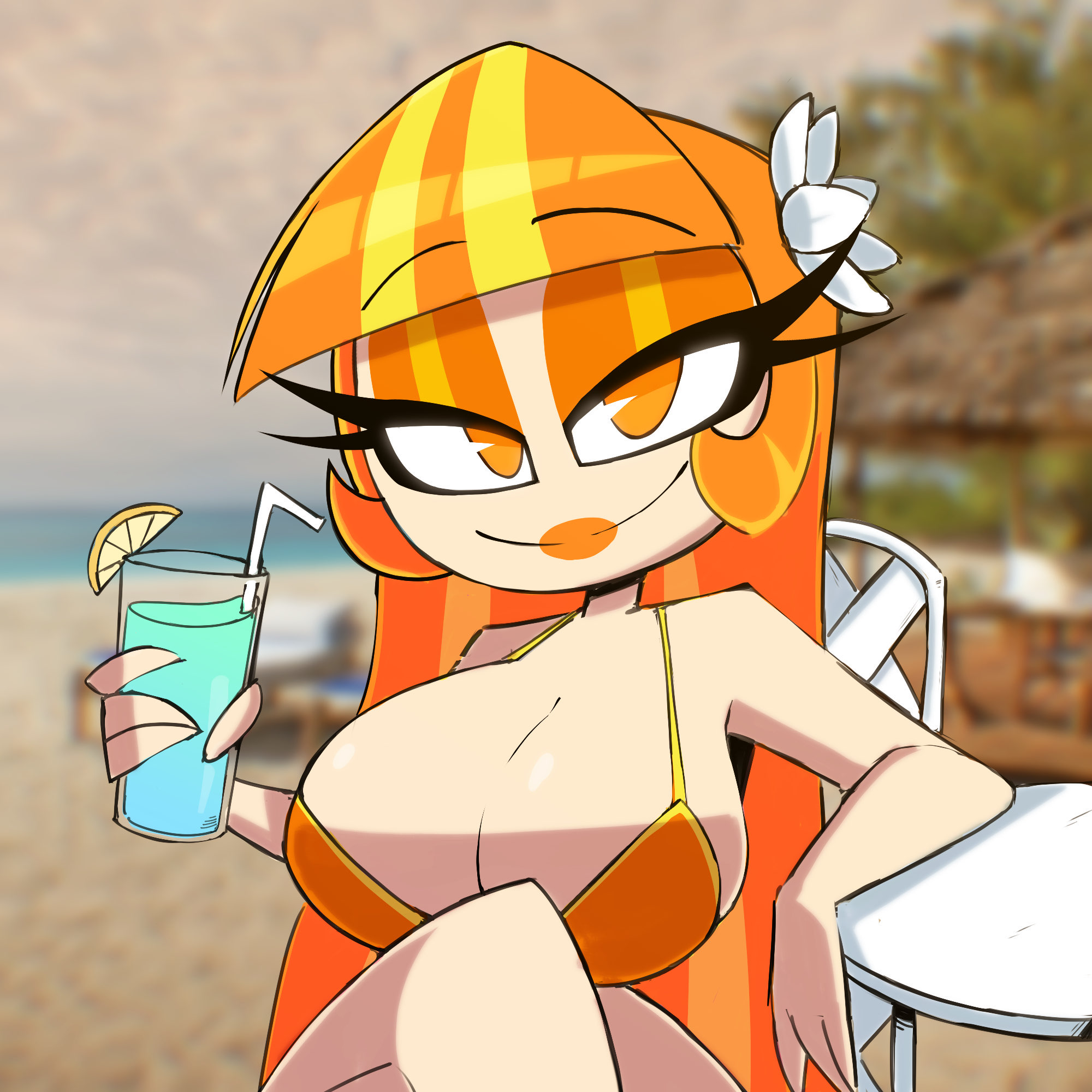 amanda (nelljoestar), beach, bedroom eyes, big breasts, bikini, blonde hair, breasts, female, flower in hair, nelljoestar, orange lipstick, original, original character