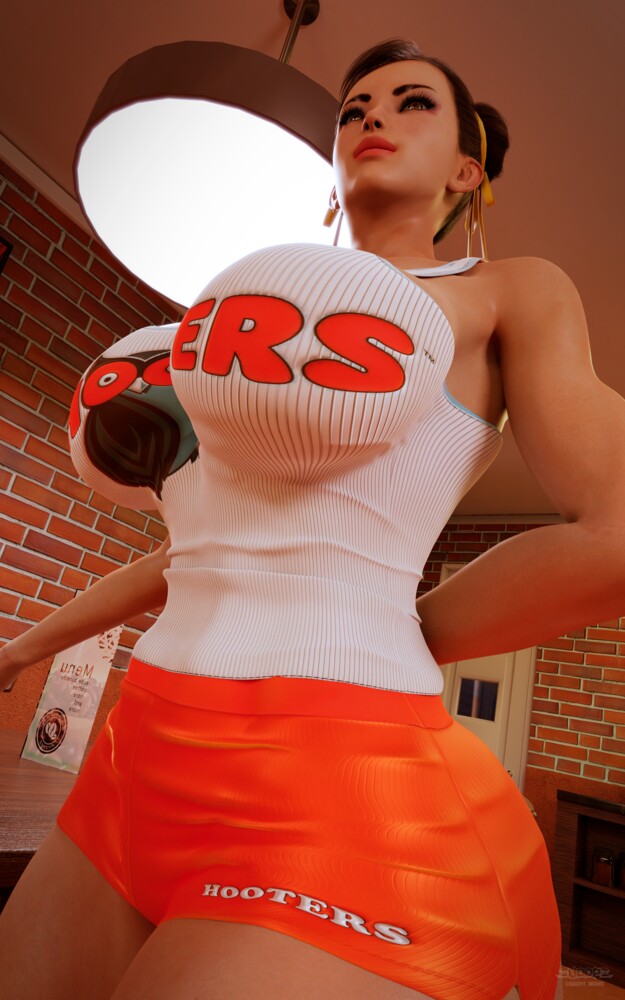 asian asian_female big_breasts big_butt big_thighs brick_wall brown_eyes brown_hair capcom chun-li hooters_uniform orange_shorts restuarant snoopz street_fighter street_fighter_6 white_tank_top yellow_ribbon