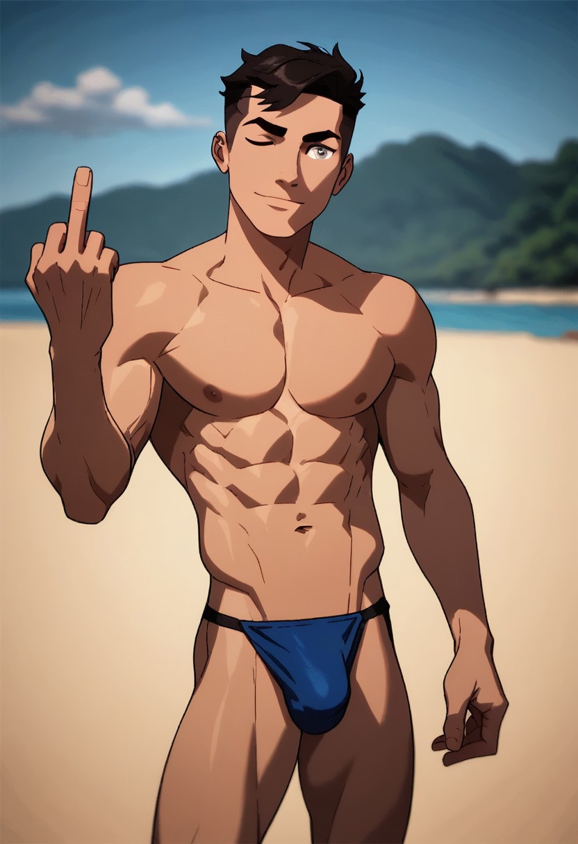 1boy ai_generated conner_kent gay male_only middle_finger solo speedo superboy superboy_(conner_kent) tagme twink young_justice