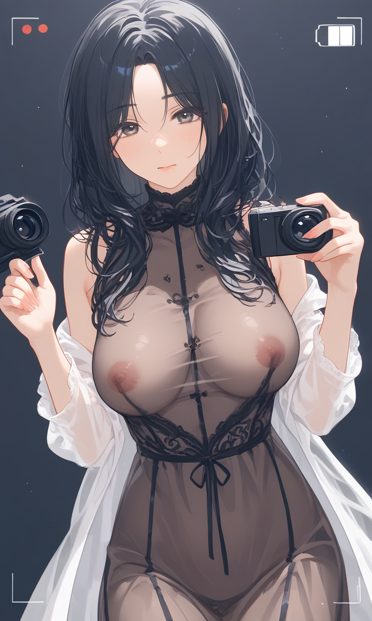 ai_generated black_hair breasts camera female grey_eyes long_hair model original_character pale_skin recording see-through_clothing see-through_dress selfie translucent translucent_clothing transparent_clothing