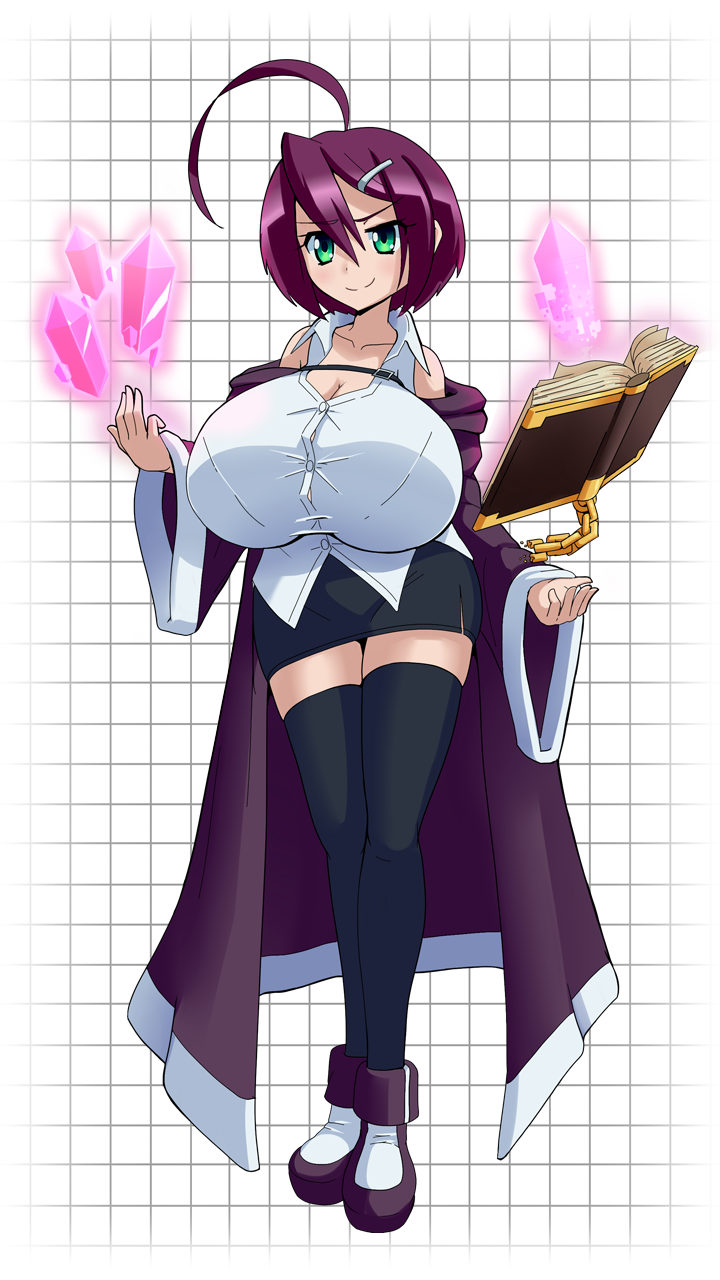 1girls 9:16 ahoge black_thighhighs bursting_breasts button_gap cape cleavage gigantic_breasts green_eyes huge_boobs huge_breasts magic magus_(nemufae) nemufae purple_hair school_uniform short_hair skirt solo spellbook standing taut_clothes thighhighs