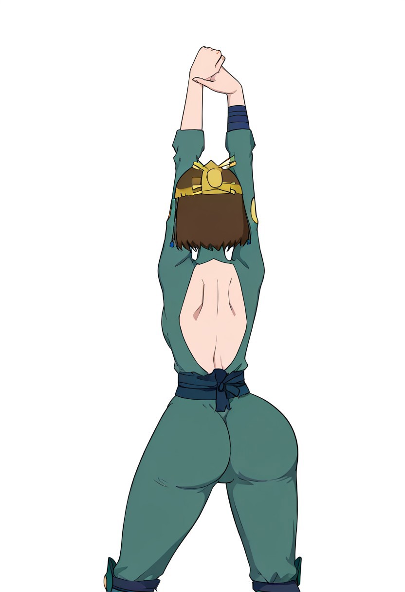 1girls ai_generated avatar_legends avatar_the_last_airbender back_view bubble_butt earth_kingdom female flat_colors hands_above_head hourglass_figure simple_background suki