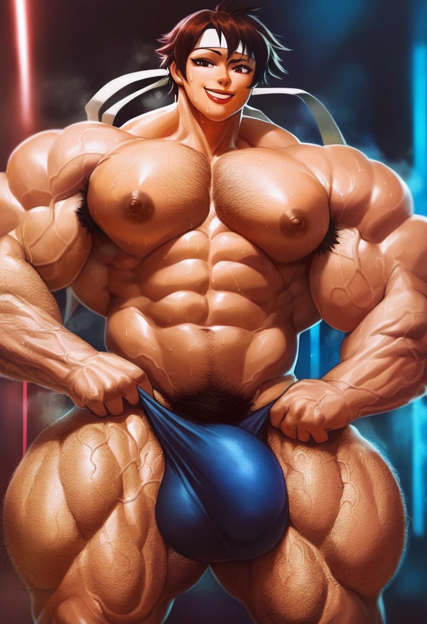 abs ai_generated ambush_(trap) armpit_hair bulge chest_hair extreme_muscles genderswap_(ftm) hairy_armpits hairy_arms hairy_chest hyper_muscles male male_only muscular muscular_male rule_63 sakura_kasugano sewoh solo street_fighter