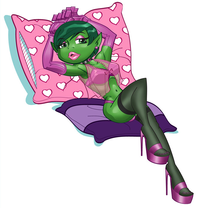 1boy androgynous bathgate21 beast_boy big_lips bimbo bimbofication dc eyelashes eyeshadow femboy feminization girly green_skin high_heels hourglass_figure lingerie lipstick makeup sissification sissy solo teen_titans thighhighs trap