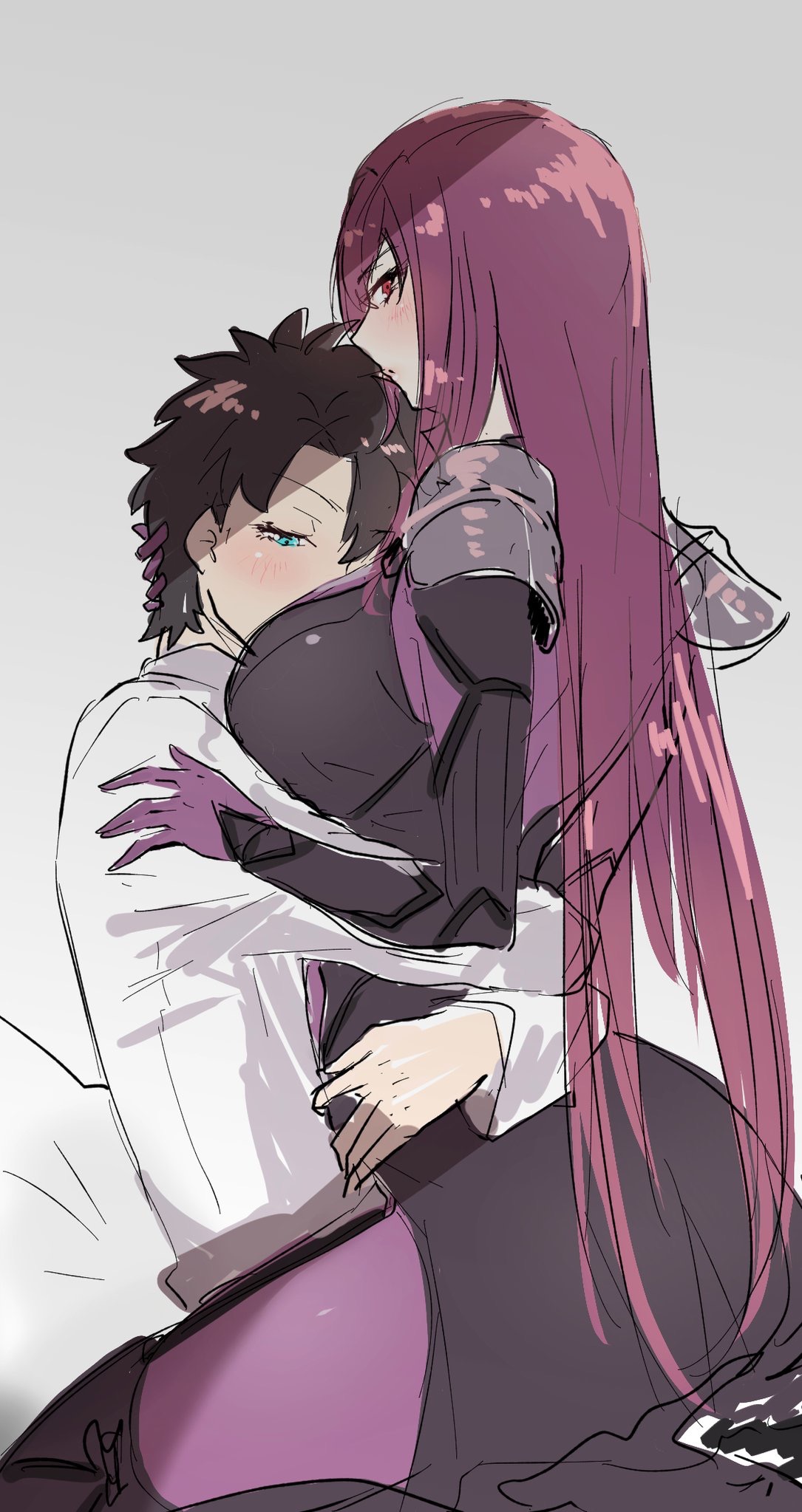 1boy 1boy1girl 1girls adorable bed big_ass big_breasts black_hair blue_eyes blushing clothed clothing couple couple_(romantic) cute embrace embracing face_in_breasts fate/grand_order fate_(series) fujimaru_ritsuka_(male) gudao hourglass_figure hugging long_hair mature_female mogi_yasunobu no_sex not_porn older_female purple_hair red_eyes scathach_(fate) sfw short_hair sitting_on_bed skin_tight slim_waist spandex white_background wholesome wine_colored_hair younger_male