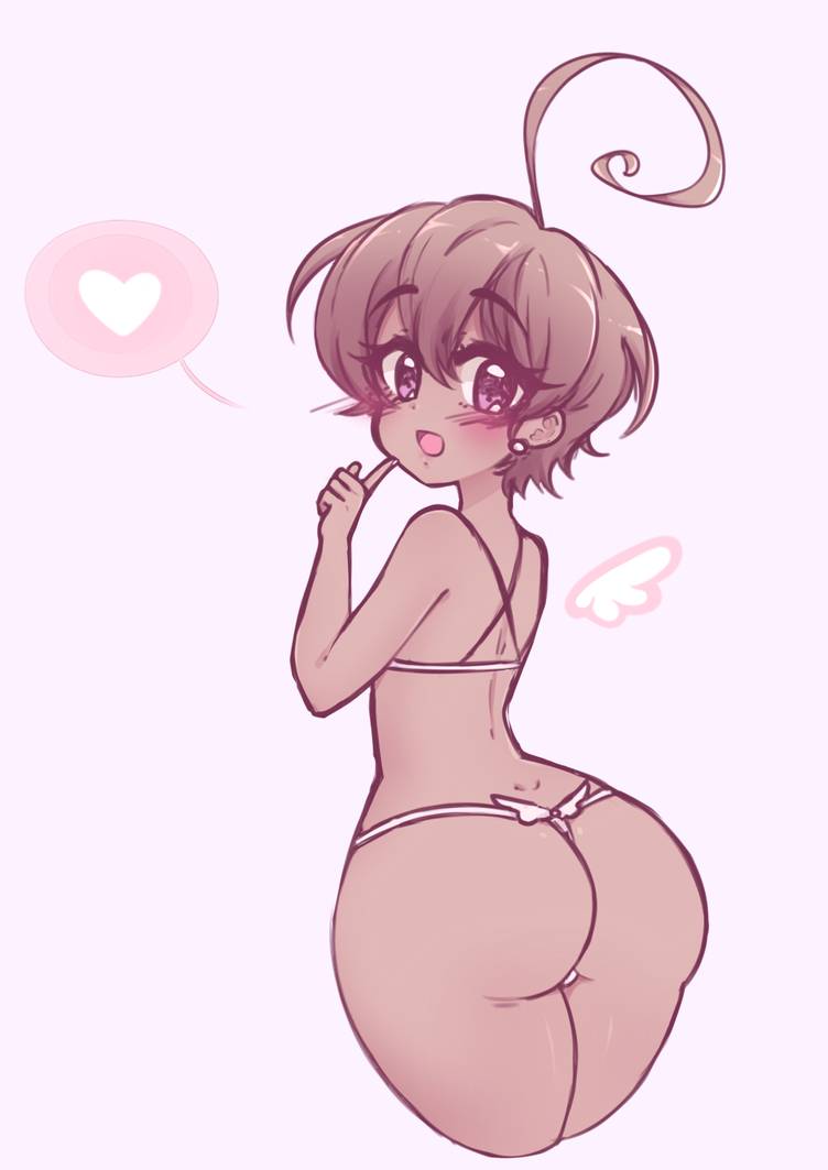 :d ass big_thighs brown_hair cute lingerie original_character panties peachpurin purple_eyes solo tagme thong white_background white_panties