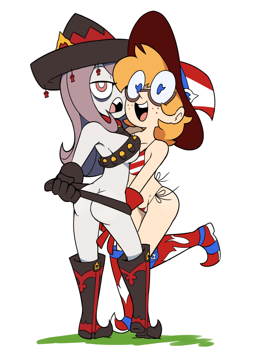 2girls, 4th of july, american flag bikini, american flag hat, ass, bikini, boots, female, glasses, gloves, little witch academia, lotte jansson, miscon, multiple females, multiple girls, straight hair, studio trigger, sucy manbavaran