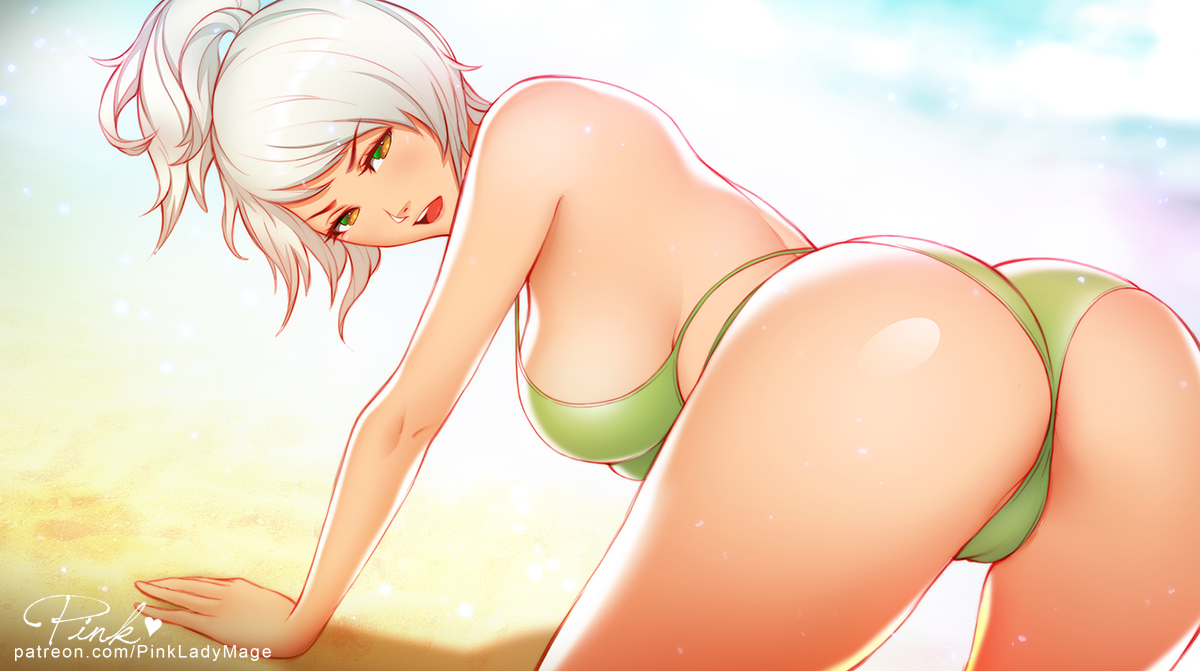 ass, bikini, breasts, cleavage, female, female only, league of legends, looking at viewer, looking back, pinkladymage, pool party, riven, solo