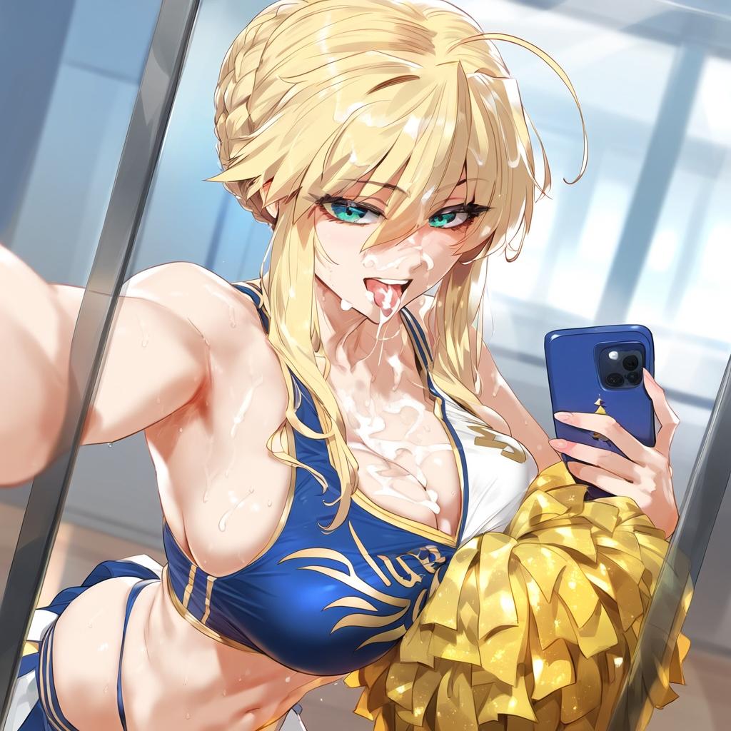 ai generated, artoria pendragon, artoria pendragon (lancer), cheerleader, cum in mouth, fate (series), fate/grand order, female, selfie