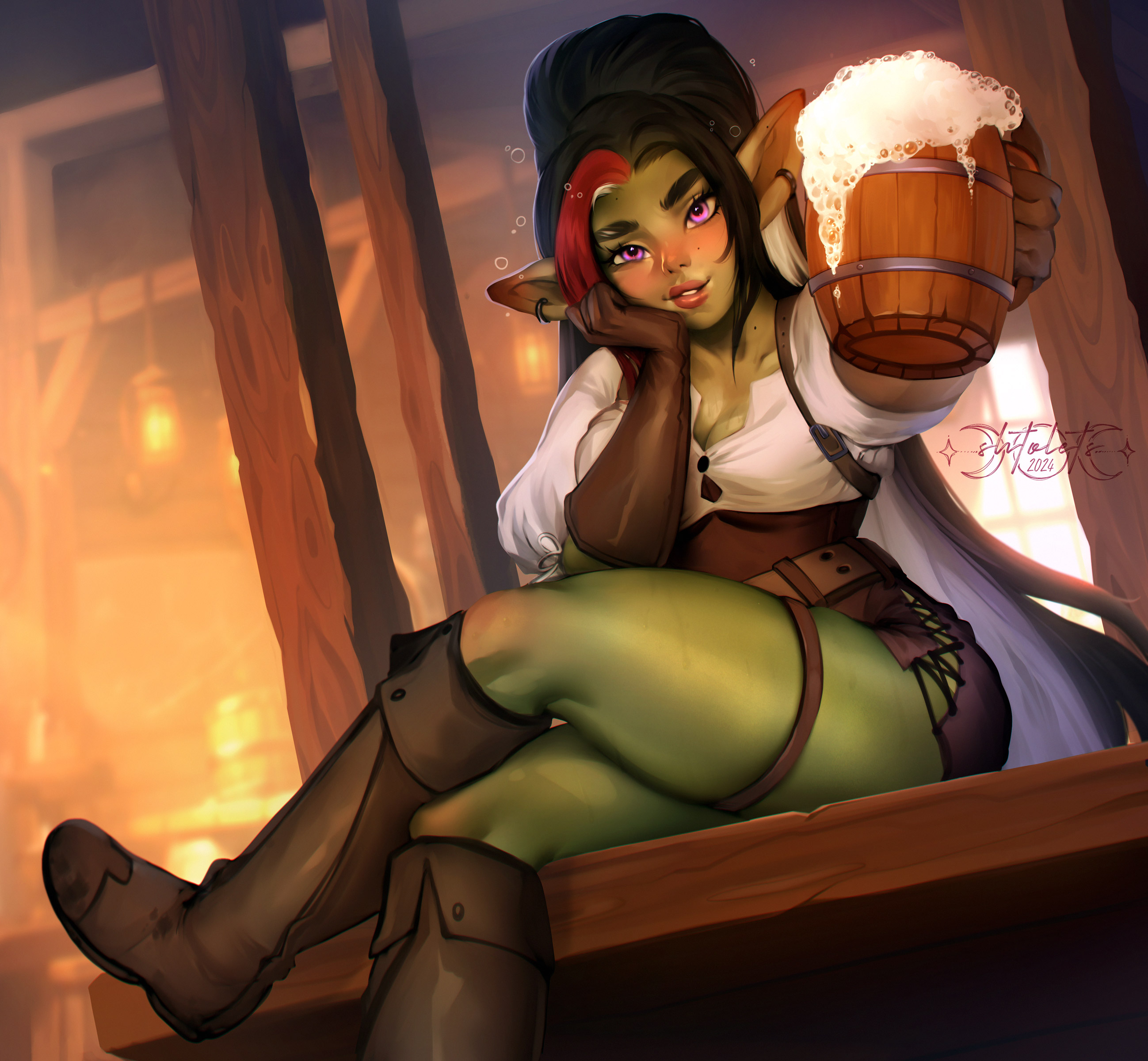 1girls, 2024, alcohol, angy (sasha khmel), beer mug, black hair, blush, boots, clothing, crossed legs, detailed background, earrings, female, female only, goblin, goblin female, green skin, hi res, leaning on elbow, long hair, looking at viewer, pointy ears, purple eyes, red highlights, shtolets, sitting, sitting on table, smiling, smiling at viewer, solo, thigh strap, tuft, two-tone hair, white hair
