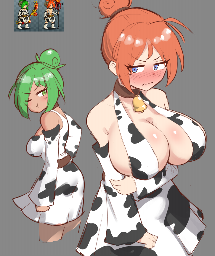 anna_(ebf) big_breasts blush cowkini cowprint cute epic_battle_fantasy female female_only green_hair huge_breasts natalie_(ebf) orange_hair pout tagme