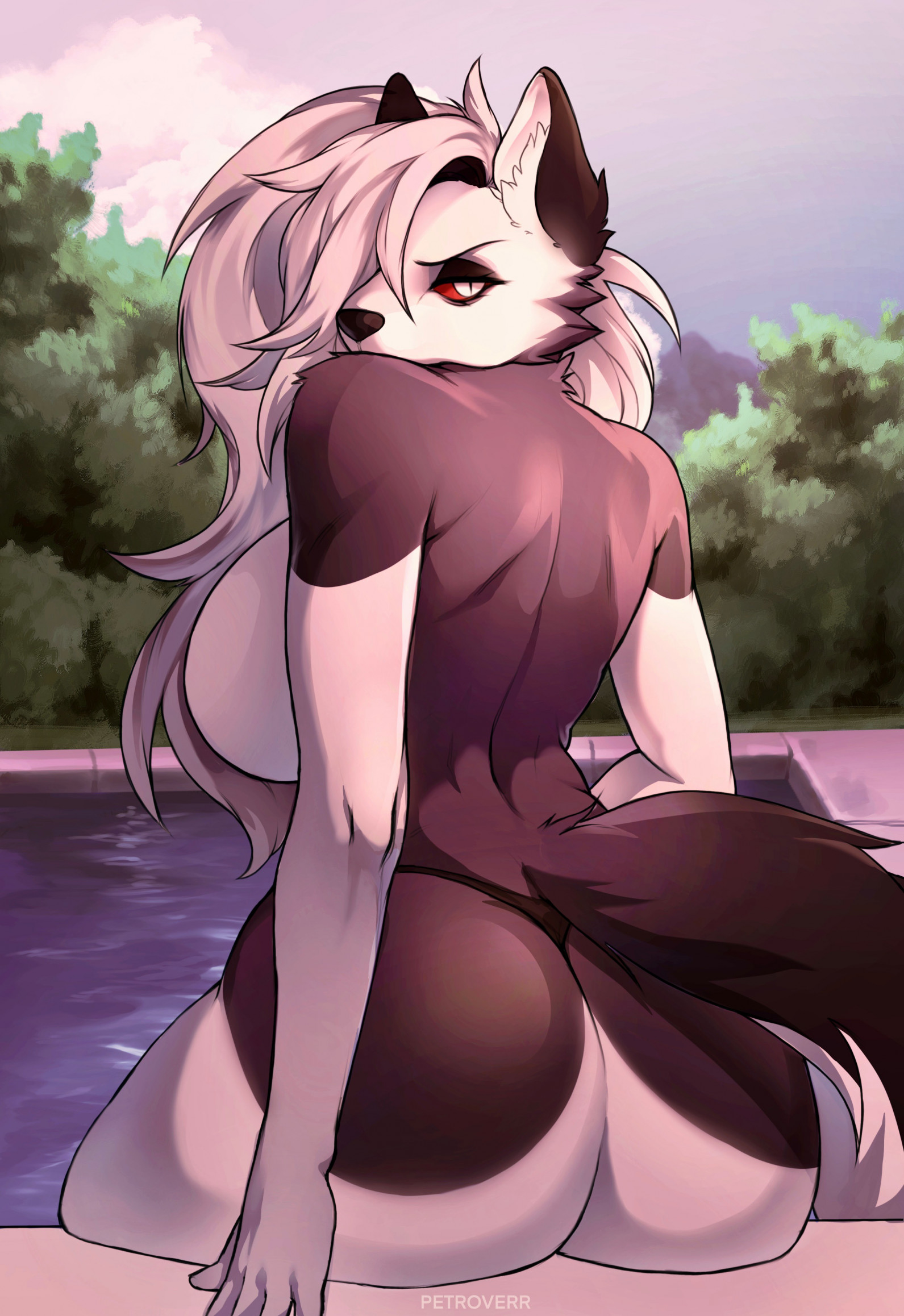 anthro, ass, big ass, big breasts, big butt, breasts, canid, canid demon, canine, curvy figure, demon, female, hair, hellhound, helluva boss, hi res, loona (helluva boss), mammal, mythological canine, mythological creature, mythology, outside, petroverr, pool, pupils, red sclera, slit pupils, solo, tail, voluptuous, white eyes, white hair