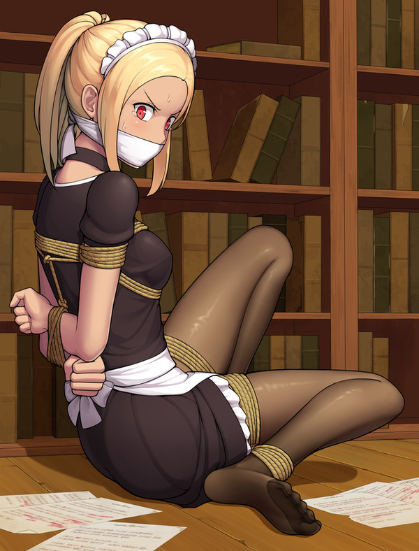 1girls arms_behind_back arms_tied_behind_back black_legwear black_pantyhose blonde_female blonde_hair blush bondage book books bookshelf bound breasts cleave_gag documents female female_focus female_only femsub french_braid frogtie gag gagged gbeeee gravity_rush helpless higher_resolution_available indoors kat_(gravity_rush) looking_at_viewer maid maid_apron maid_headdress maid_outfit maid_uniform medium_hair pantyhose red_eyes rope rope_bondage sega small_breasts study sweat thighs tied_hair tied_up wooden_floor