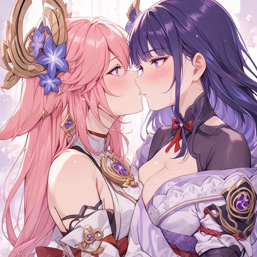 2girls, ai generated, breast press, breasts, eimiko, female, female only, genshin impact, lesbian couple, lesbian kiss, pink hair, purple eyes, purple hair, raiden shogun, yae miko, yuri