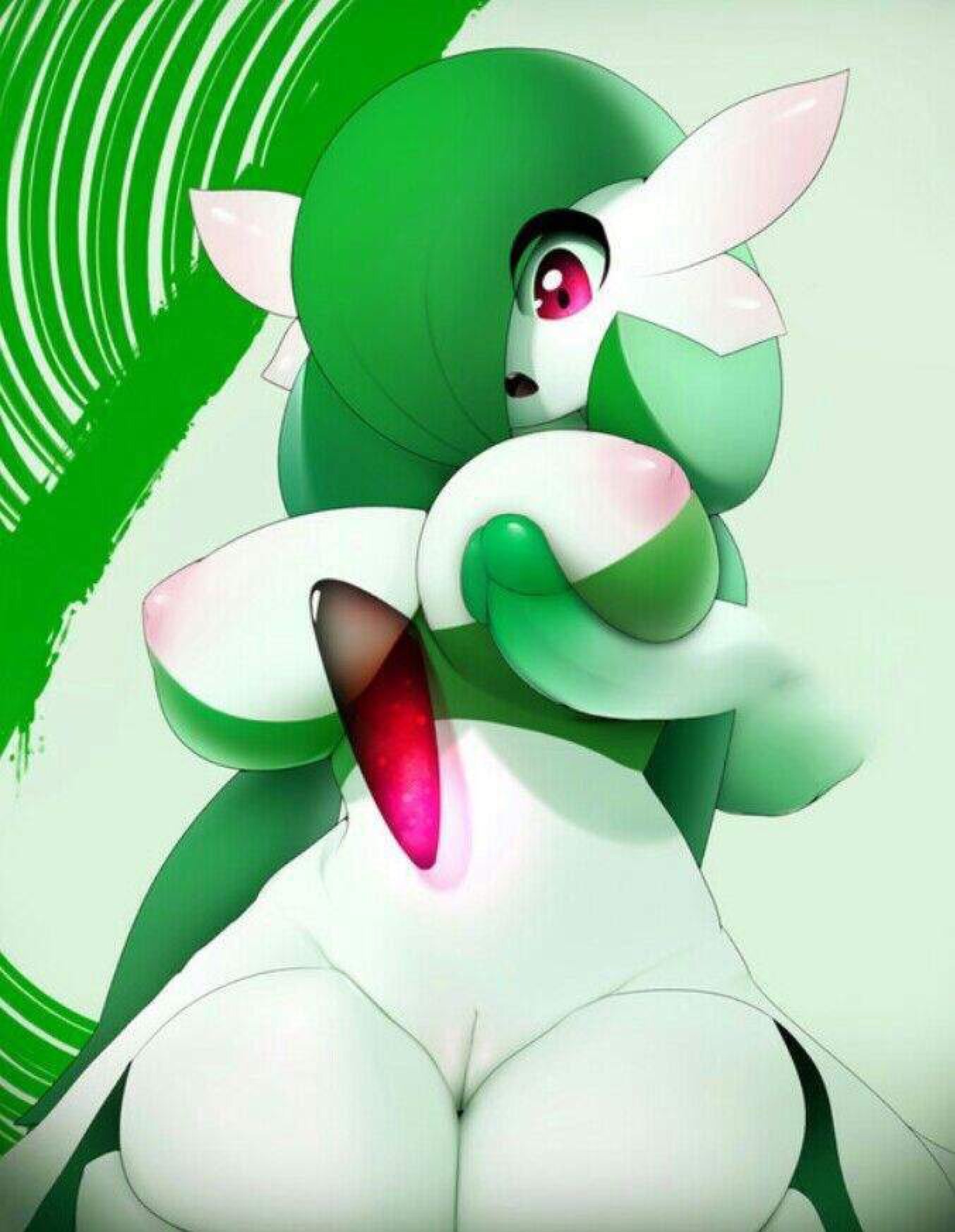anthro, areolae, breasts, disembodied penis, eyebrows visible through hair, female, gardevoir, green hair, hair over one eye, large areolae, large breasts, looking down, male, nipples, on knees, open mouth, penis, plantpenetrator, pokemon, pokemon (species), pokemon rse, pussy, red eyes, tagme, vagina