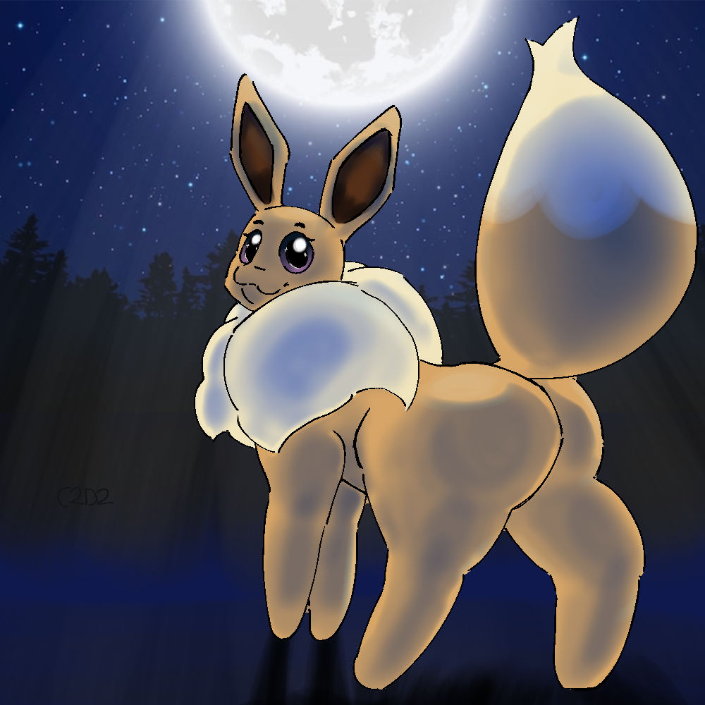 1:1 ass big_butt butt_focus c2d2 canid colored digital_drawing_(artwork) digital_media_(artwork) eevee eeveelution female feral fluffy fluffy_tail forest generation_1_pokemon huge_butt looking_at_viewer looking_back mammal moon night nintendo plant pokemon pokemon_(species) purple_eyes shaded sky solo sparkles star tail thick_thighs tree