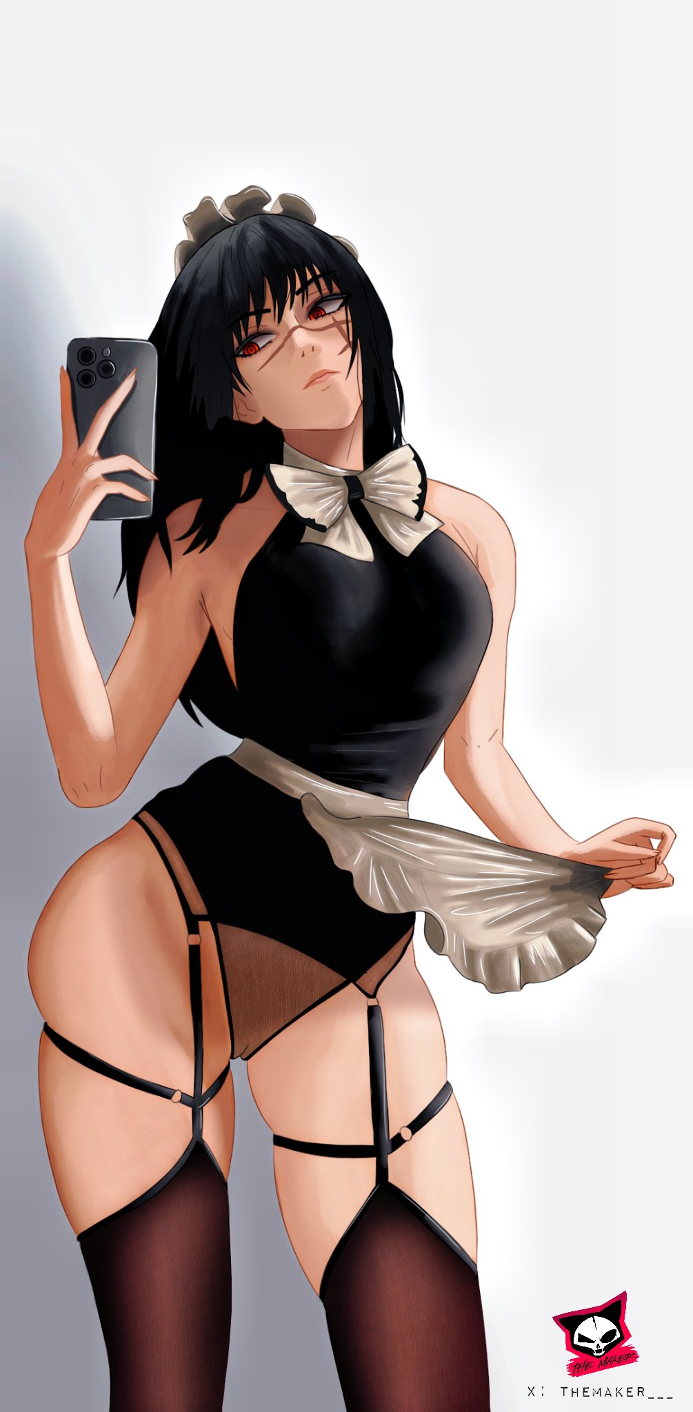 1girls, black hair, chainsaw man, demon, demon girl, devil, devil girl, female, female only, heroine, light-skinned female, maid, maid outfit, maid uniform, mirror selfie, mitaka asa, revealing clothes, ringed eyes, scar, scar on face, selfie, smartphone, spiral eyes, themaker, thighhighs, yoru (chainsaw man)