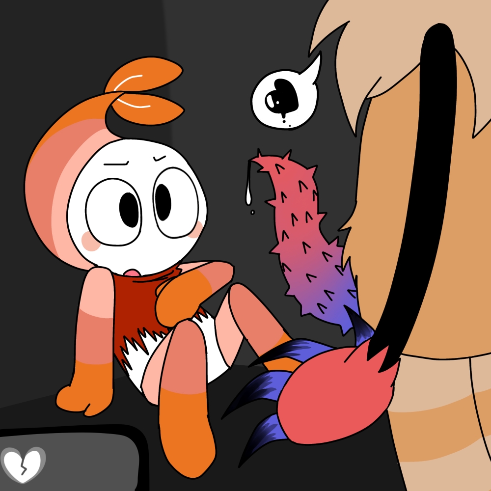 2boys cat_penis claws cruelpo dandy's_world fur gay goob_(dandy's_world) height_difference imminent_anal imminent_penetration imminent_sex orange_skin ripped_clothing shocked_expression shrimp shrimpo_(dandy's_world) size_difference spiked_penis tentacle twisted_goob_(dandy's_world)