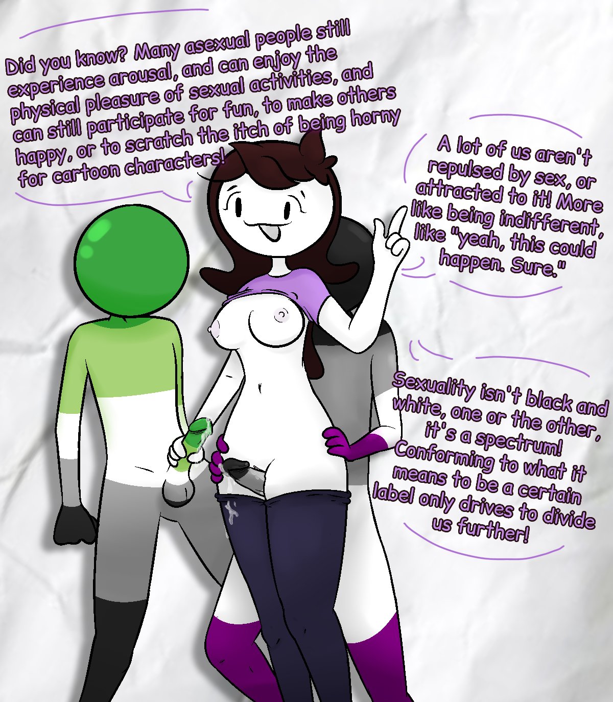 aromantic aromantic_pride_colors asexual asexual_pride_colors chinigan clothing dialogue female handjob human jaiden_animations jaidenanimations male manual pale_skin text thighjob youtube youtuber