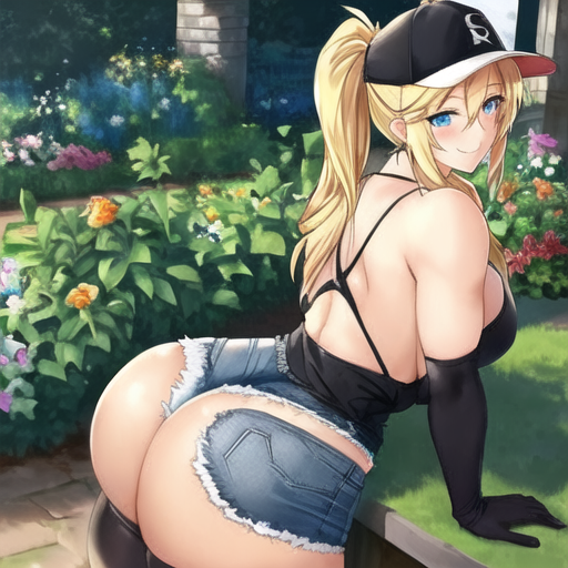 ai_generated anime_style ass ass big_ass big_butt blonde_hair booty_shorts denim_shorts emma_(nguyen357) gloves hat huge_ass nguyen357 ponytail shorts stockings tank_top