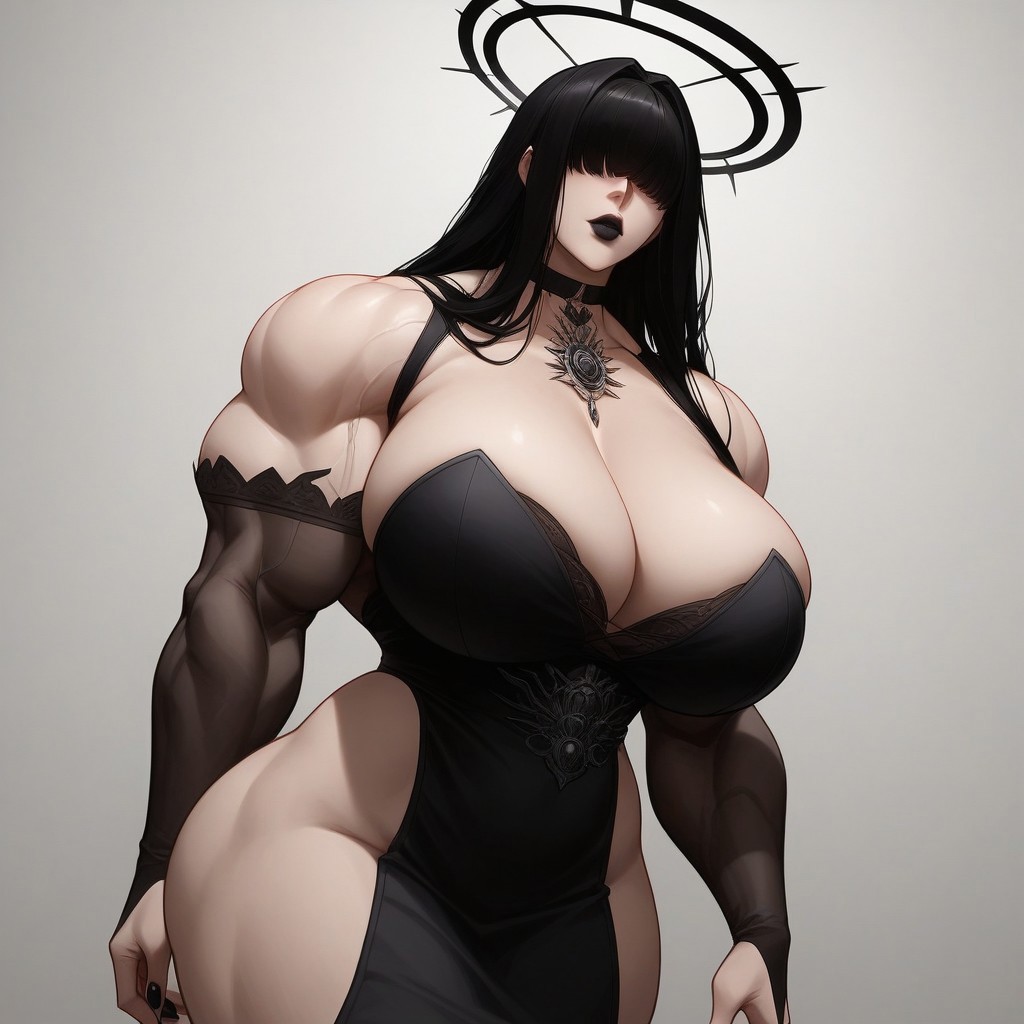 1girls ai_generated arm_sleeves black_hair black_halo black_lipstick branwen_(purple_letter) choker dress fully_clothed goth goth_milf gothmilf hair_over_eyes halo huge_breasts huge_muscles long_hair milf muscular muscular_female original_character purple_letter self_upload solo