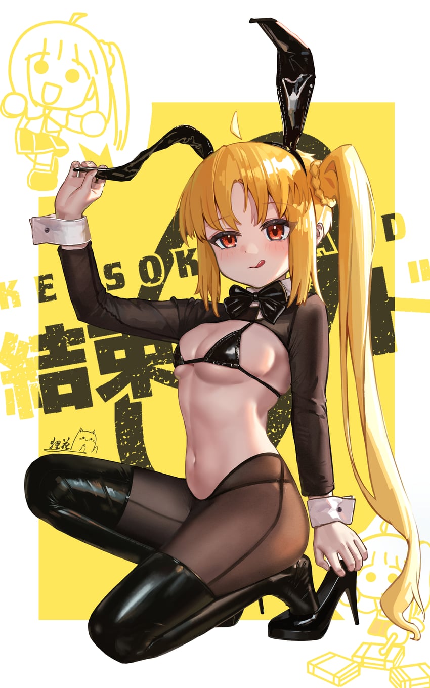 1girls ahoge animal_ears bikini black_bikini braid breasts bunny_ears detached_ahoge fake_animal_ears high_heels looking_at_viewer meme_attire navel orange_eyes playboy_bunny reverse_bunnysuit reverse_outfit side_ponytail small_breasts solo swimsuit thighhighs tongue tongue_out wrist_cuffs