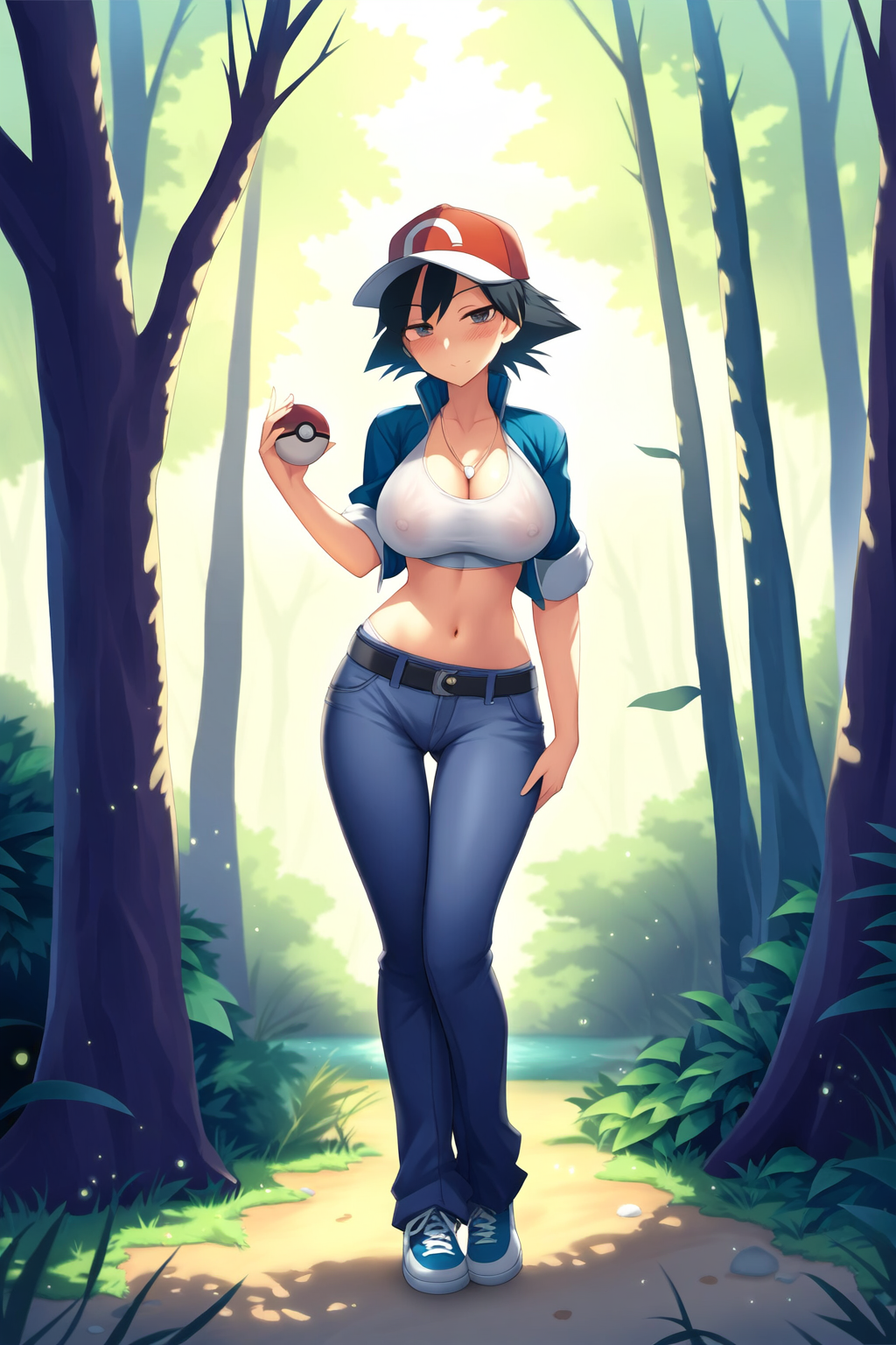 1girls ai_generated ashley_(pokemon) bimbo black_hair breasts busty cleavage clothed clothing curvy female female_only gloves hat huge_ass huge_breasts human jeans nintendo pokemon pokemon_rgby rule_63 satoko_(pokemon) satoshi_(pokemon) thick_thighs thighs voluptuous wide_hips