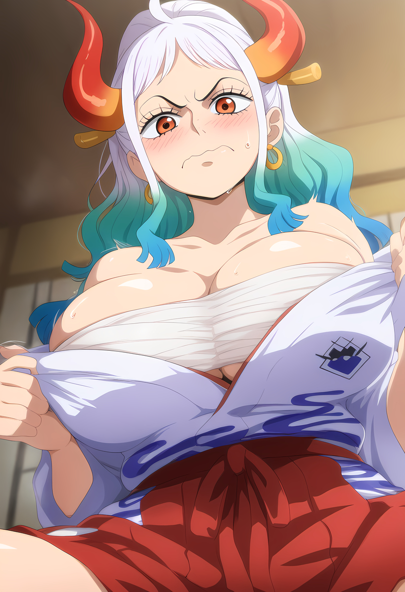 ai_generated big_breasts embarrassed female female_only horns large_boobs large_breasts large_tits one_piece strip take_off_shirt taking_clothes_off xs_torns yamato_(one_piece)